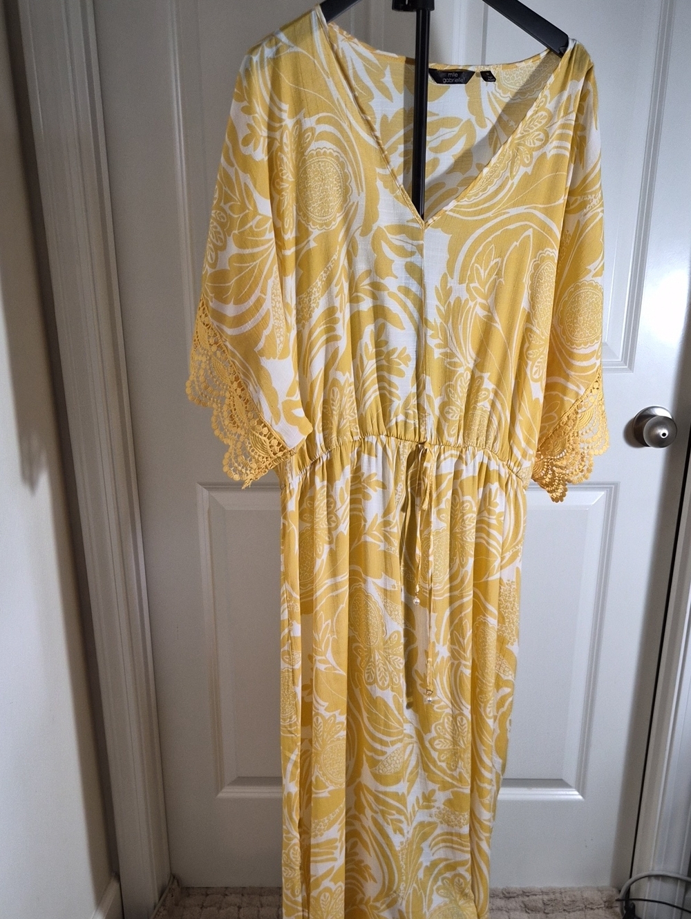 Yellow Floral V-Neck Swim Coverup with Crochet Trim